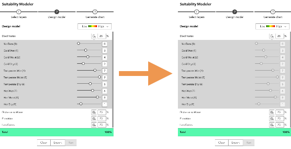 Unavailable slider controls in the Suitability Modeler widget Unavailable slider controls in the Suitability Modeler widget